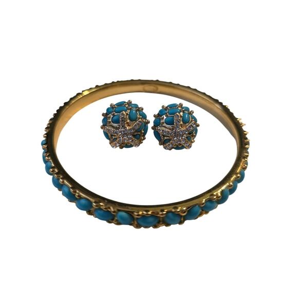 Kenneth Jay Lane Gold-Tone Turquoise & Rhinestone Bracelet & Starfish Earing Set - Picture 1 of 6